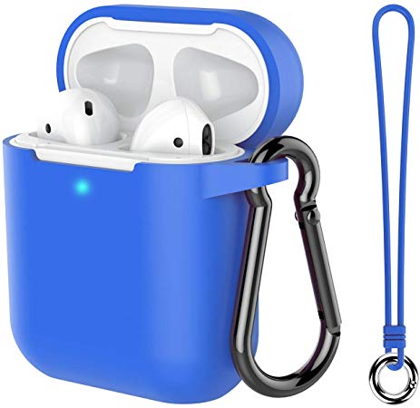 Airpods Case, Music tracker Protective Airpods Cover Soft Silicone Chargeable Headphone Case with Anti-Lost Carabiner for Apple Airpods 2 Charging Case (Blue)