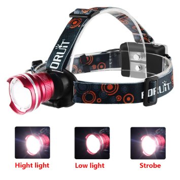 Zoomable LED Headlamp 900Lm 3 Mode Water-resistant Headlight Hands Free Work Light Outdoor Camping Torch Flashlight with Adjustable Strap Light Weight 3AA Batteries PoweredNot Included-Red