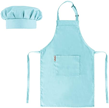 Kids Apron and Chef Hat Set-Adjustable Child Apron for Boys and Girls Aged 6-14,Children’s Kitchen Bib Aprons with Large Pocket for Cooking Baking Painting(Light Blue)