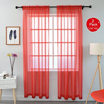 KEQIAOSUOCAI 2 Pieces Solid Color Rod Pocket Sheer Curtains Panels For Bedroom Living room(Red,52Wx84L,Set of 2)