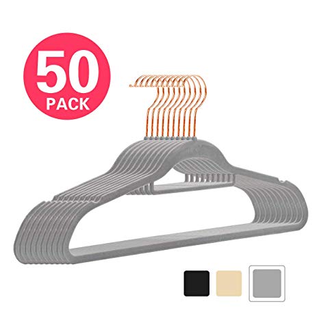 MIZGI Premium Velvet Hangers (Pack of 50) Heavyduty - Non Slip - Clothes Hangers Gray - Copper/Rose Gold Hooks,Space Saving Suit Hangers with Accessory Bar