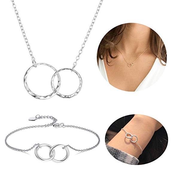 Q﹠YFH Mother Daughter Necklace Bracelet Set Two Interlocking Infinity Double Circles,Mom Gifts from Daughter Mothers Day Jewelry Birthday Gift