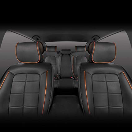 Motor Trend M412 Front & Rear Full Set SeatWrap Leatherette Car Seat Covers-PU Leather Cushion Protectors Interior Orange Accent Piping on Black