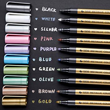 Metallic Marker Pens, Set of 10 Round Tip Ohuhu Glitter Paint Pen Window Markers for DIY Card Making, Coloring Books, Scrapbook Photo Album, Rock Art, Glass DIY