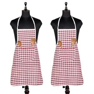 Amazon Brand - Solimo Cotton Apron with Front Pocket | Bib Apron for Chef/Housewife | (Pack of 2) (Red)