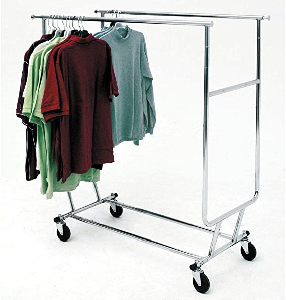 Econoco Double Hangrail Rolling Clothes Rack- Heavy Duty Collapsible Clothing Rack, Commercial Grade Clothing Display, Round Tubing Rolling Rack, Chrome