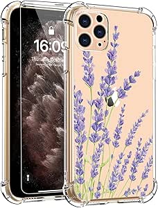 for iPhone 11 Pro Max Case with Screen Protector - Stylish Elegant Floral Design on Soft Clear TPU - Slim Fit, Protective Phone Cover for Women and Girls - Purple Lavender