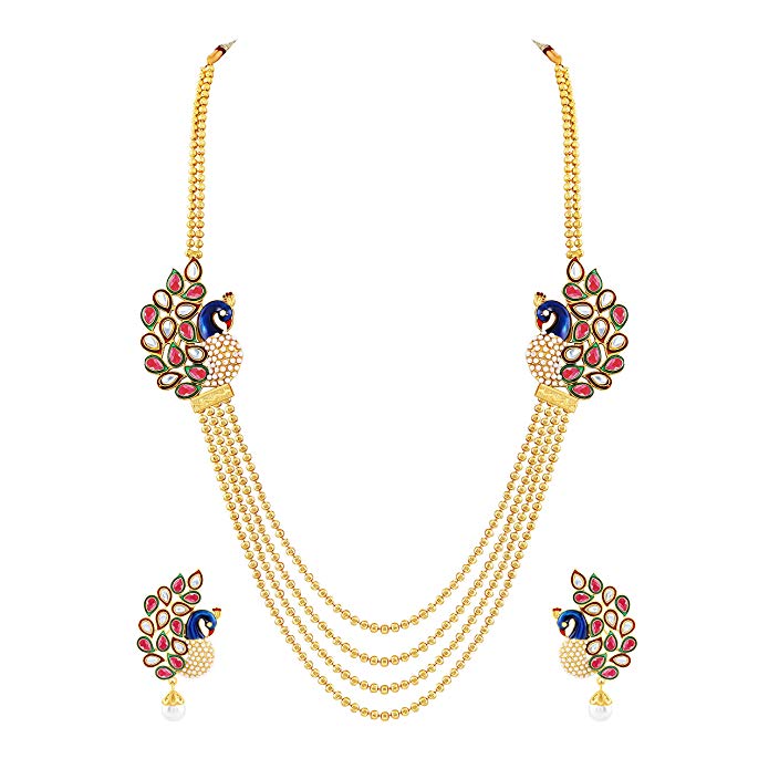 MFJ Fashion Jewellery Marvellous Peocock Brass Gold Plated Long Haram Necklace Set for Women