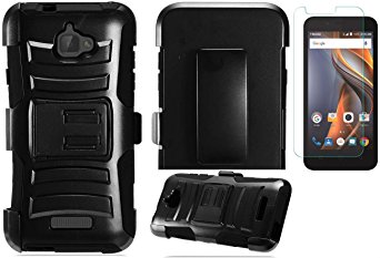 Tempered Glass 2Layer Rugged Case Cover w/Holster Belt Clip for Coolpad Catalyst 3622a Phone (Black on Black)