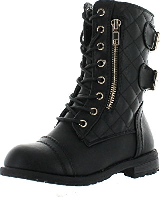 Mango-79 Kids Combat Lace Up Quilted Dual Buckle Zip Decor Mid Calf Motorcycle Boots