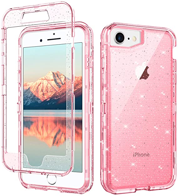 DUEDUE iPhone SE 2020 Case,iPhone 7 Case, iPhone 8 Case, Glitter 3 in 1 Heavy Duty Hybrid Hard PC Transparent TPU Bumper Shockproof Full Body Protective Case for iPhone SE 2/iPhone 7/8,Pink Clear