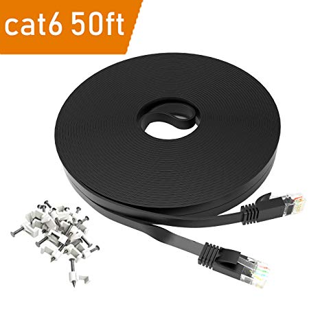 Cat 6 Ethernet Cable 50 ft – Dabee Flat Wire LAN Rj45 High Speed Internet Network Cable Slim with Clips – Faster Than Cat5e Cat5 with Snagless Connectors- (15 Meters) (50FT-Black)