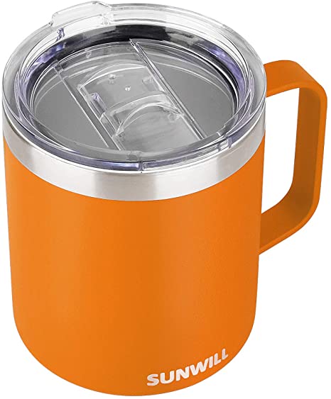 SUNWILL Insulated Coffee Mug with Handle, 14oz Stainless Steel Togo Coffee Travel Mug, Reusable and Durable Double Wall Coffee Cup, Powder Coated Orange