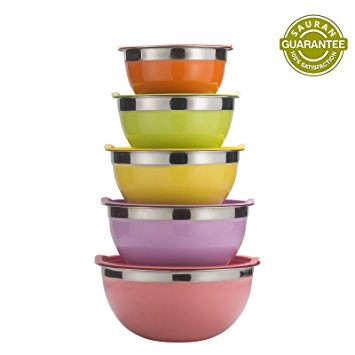 Sauran 5 Piece Mixing Bowls Large 5 Quart Capacity Stainless Steel Bowl Set With Colorful Lids for Kitchen, Camping and Food Storage and Cotton Towel as Gift by Free