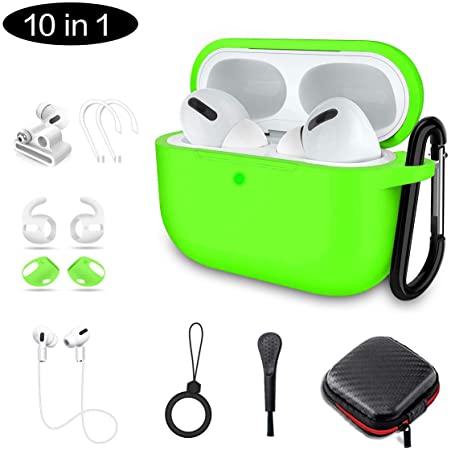 Airpods Pro Case, Alquar 10 in 1 Silicone Apple Airpod Pro Accessories Set, Airpods 3 Charging Case Protective Cover with Ear Hook/Strap/Clips/Watch Band Holder/Brush/Keychain(Green)