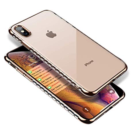 Case for iPhone Xs Max Clear, Slim Thin Silicone Protective Armor for Women Men, [Full Body Shockproof] Cute Transparent Soft TPU with Plated Bumper Back Case Cover for i-Phone Xs Max 6.5 Inch, Gold