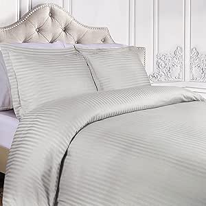 Superior Egyptian Cotton 400 Thread Count Duvet Cover Set, 1 Duvet Cover with Button Closure, 1 Pillow Sham, Striped Sateen Weave, Soft Bedding, Bedroom Décor Full/Queen, Platinum