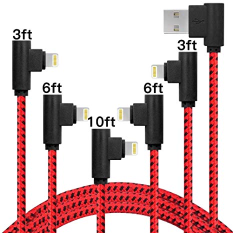 5 - Pack Right Angle iPhone Charger Cord 90 Degree Data Cable Nylon Braided Compatible with iPhone X and Other Models (Red Black)