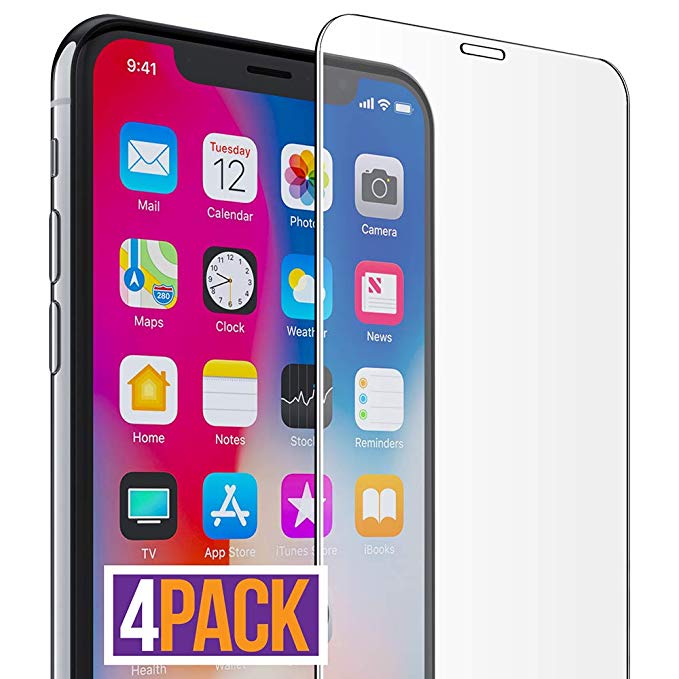 FlexGear iPhone X XS Glass Screen Protector [Coverage ] Premium Clear, Designed for iPhone X/XS (4-Pack)