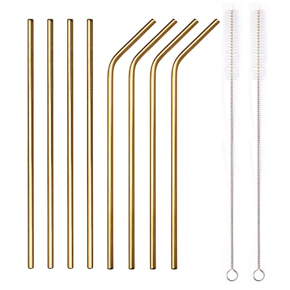 YIHONG Set of 8 Stainless Steel Metal Straws 8.5'' Reusable Drinking Straws For 20oz Tumblers Yeti 6mm Diameter Gold (4 Straight   4 Bent   2 Brushes)