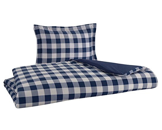 FLANNEL REVERSIBLE DUVET SET 100% Cotton Brushed on both sides 1 Duvet Cover 68" x 90" and a Pillow Sham 20" x 26" (TWIN, BUFFALO CHECK NAVY)
