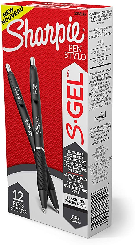 S-Gel, Gel Pens, Fine Point (0.5mm), Black Ink Gel Pen, 12 Count - 1