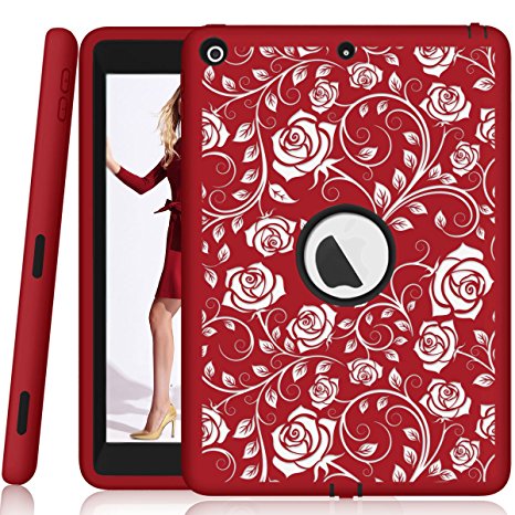 Hocase iPad 9.7 2018/2017 Case Heavy Duty Shockproof Silicone Rubber Hard Shell Hybrid Protective Case w/ Rose Floral Print for iPad 5th/6th Generation A1893/A1954/A1822/A1823 - Red / Black