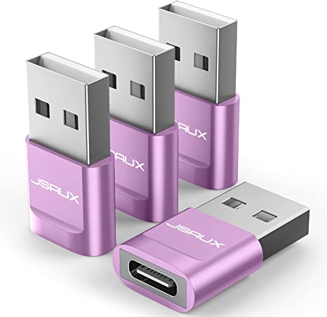 USB-C Female to USB-A Male Adapter 4-Pack, JSAUX Type C to USB Charger Cable Adapter Compatible with iPhone 13/12 Mini/Pro/Pro Max, Samsung Galaxy Note 10/20, S20/S21, Apple Watch Series 7 -Purple