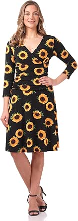 Rekucci Women's Slimming 3/4 Sleeve Fit-and-Flare Crossover Tummy Control Dress