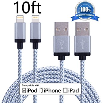 XUZOU iPhone Cable,2Pack (10FT) Extra Long Nylon Braided Cord Apple Lightning Cable Certified to USB Charging Charger for iPhone 7/7 Plus/6/6S/6 Plus/6S Plus/5/5S/5C/SE,iPad,iPod 7 (Gary White,10FT)