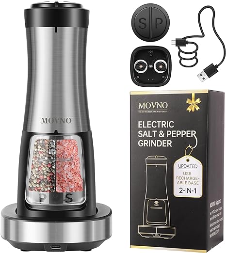 MOVNO 2 in 1 Rechargeable Electric Salt and Pepper Grinder Set with Charging Base, No Need Battery Automatic Salt and Pepper Grinder, One-Handed Operation, Adjustable Ceramic Grinder with LED Light