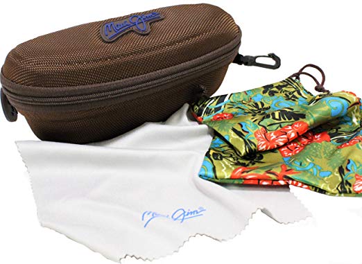 Maui Jim Large Brown Sport Zipper Case w/Floral Pouch & Sunglass Cleaning Cloth: Bundle Includes 3 Items