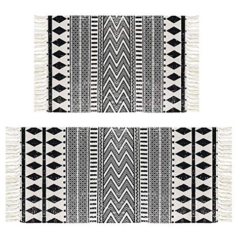 HEBE Cotton Area Rug Set 2 Piece 2'x3' 2'x4.2' Woven Cotton Area Rugs Runner Machine Washable Cotton Rug with Fringe Tassel for Living Room Bedroom Kitchen