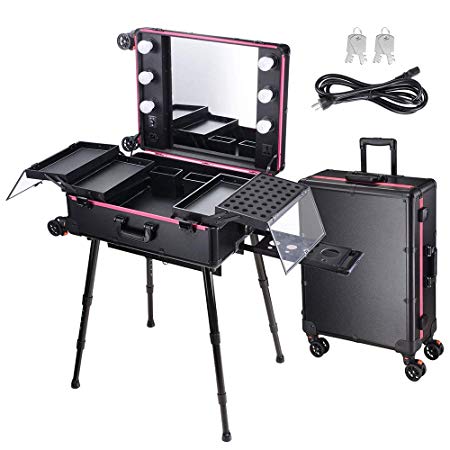 AW Rolling Makeup Case 27x18x9" with LED Light Mirror Adjustable Legs Detachable Wheel Train Studio Artist Cosmetic