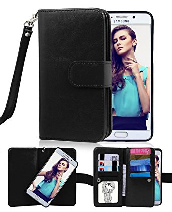 Galaxy S6 Edge Plus Case, Crosspace Flip Wallet Case Premium PU Leather 2-in-1 Protective Magnetic Shell with Credit Card Holder/Slots and Wrist Lanyard for Samsung Galaxy S6 Edge   (Black)