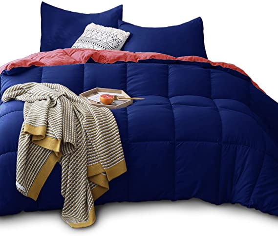 Kasentex All Season Down Alternative Quilted Comforter Set - Reversible Duvet Insert Hypoallergenic- Machine Washable (Navy/Coral, Twin Set)