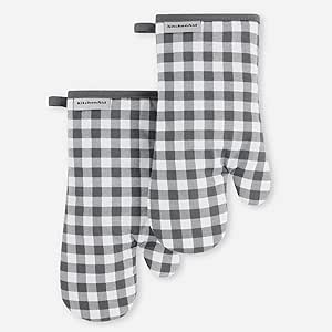 KitchenAid Gingham Oven Mitt 2-Pack Set, Charcoal Grey, 7"x13"