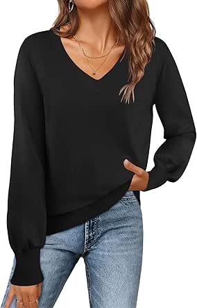 MEROKEETY Women's 2024 Fall Long Sleeve V Neck Tops Casual Lightweight Knit Pullover Sweater Shirts