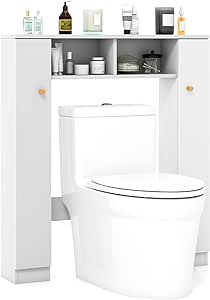 Giantex Over The Toilet Storage Cabinet, Double Door Freestanding Bathroom Organizer w/ 2 Open Compartments & 4 Adjustable Shelves, Bathroom Space Saver, Laundry Room Storage Rack (White)