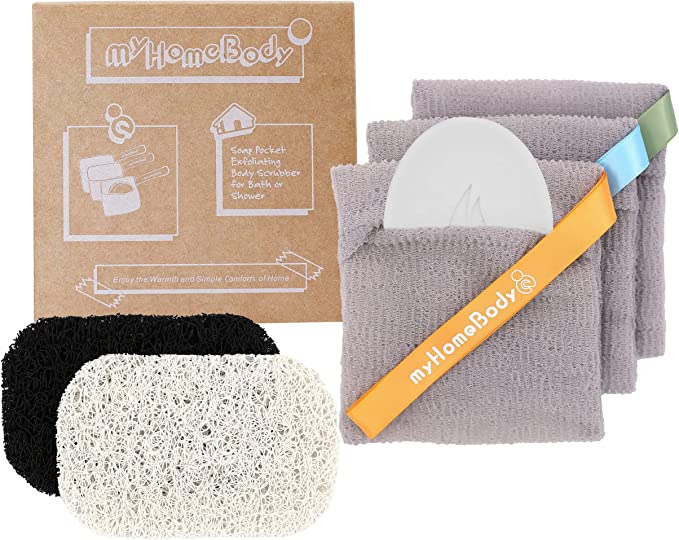 myHomeBody Soap Pocket Squares Exfoliating Soap Saver Pouch | Body Scrubber, Exfoliator Sponge for Bath or Shower | for 5oz Bar Soap or Leftover Bits | White Smoke, 3 Pack   2 Soap Lifting Pads
