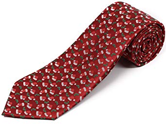 100% Silk Extra Long Christmas Tie for Tall Men - Red Holiday Santa Claus Hat and Stocking