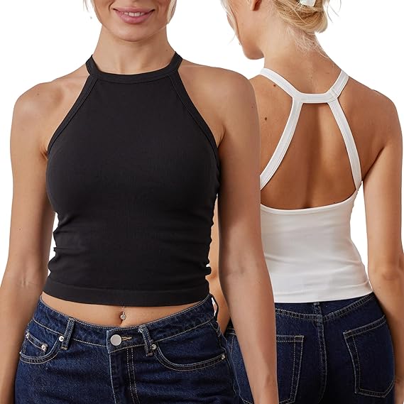 Homma 2 Pack Sleeveless Halter Tops Built-in Bra Women Fashion Sleeveless Backless Camisole Tank Tops
