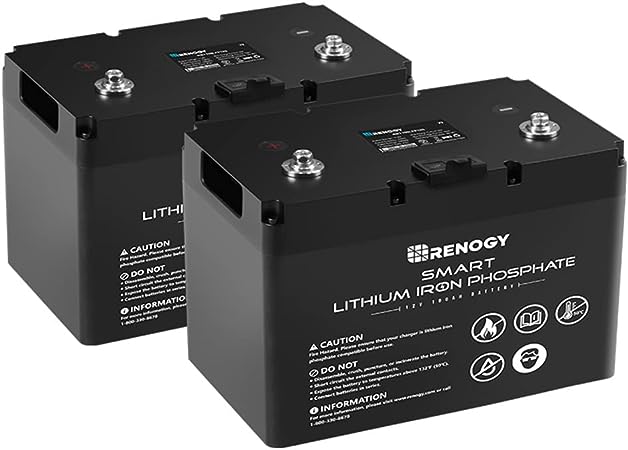 Renogy 12V 200Ah LifePO4 Lithium Battery Over 4000 Deep Cycles, a pair of 100Ah Leisure Battery with BMS and IP54, 2 * 100Ah Classic Smart Battery Ideal Backup Power for RV, Golf Carts, Solar System