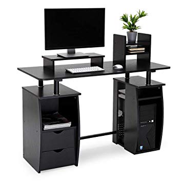 CRAZYLYNX Computer Desk, Office Study Desk Computer PC Laptop Table Workstation Dining Gaming Table with CPU Cupboard and 2 Drawers for Home Office, Black Wood Grain