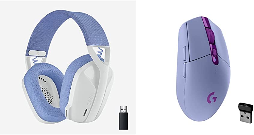 Logitech G435 Lightspeed and Bluetooth Wireless Gaming Headset - White & 05 Lightspeed Wireless Gaming Mouse, Hero 12K Sensor - Lilac