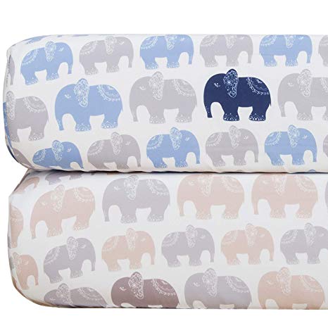 TILLYOU Microfiber Elephant Crib Sheet Set, Silky Soft Printed Toddler Sheets for Boys, Breathable Cozy Hypoallergenic Baby Sheets 2 Pack, 28 x 52in, Navy Elephant & Gray Elephant