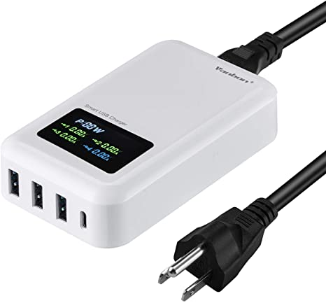 USB C Charger, Vanbon 4-Port USB Charging Station with LCD Display, 65W Fast PD Charger Adapter and 30W USB A Ports Compatible with MacBook Pro/Air, Ipad Pro, Phones and More