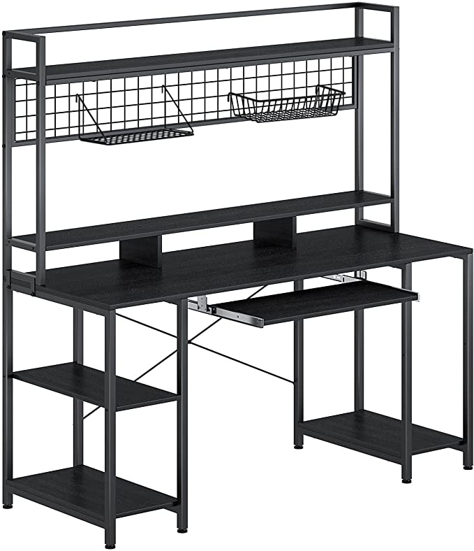 Rolanstar Computer Desk with Hutch and Keyboard Tray, 55" Office Desk with Storage Shelves, Studying Writing Desk Workstation for Home Office, Black