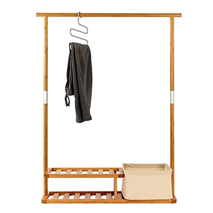 Segarty Multi-Purpose Bamboo Clothing Garment Rack Heavy Duty –Portable Coat & Shoe Clothes Rack -Clothes Hanger Stand with 2 Tier Shoe Shelves and Laundry Basket, Easy to Assemble