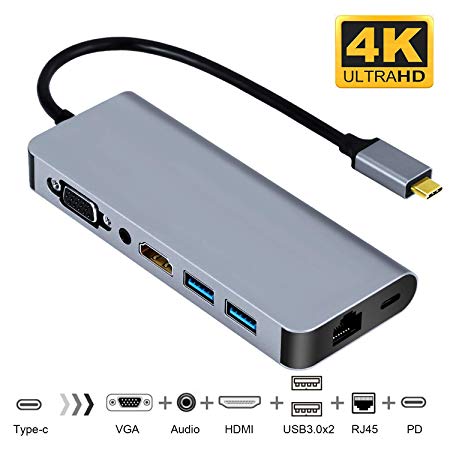 USB C to HDMI VGA Ethernet Adapter, Type C Hub with HDMI 4K RJ45 2 USB3.0 Audio and PD Charging Ports,Compatible with Samsung DeX for Galaxy S9/S8/Note 9/8,Nintendo Switch Adapter,Mackbook/MacBook Pro